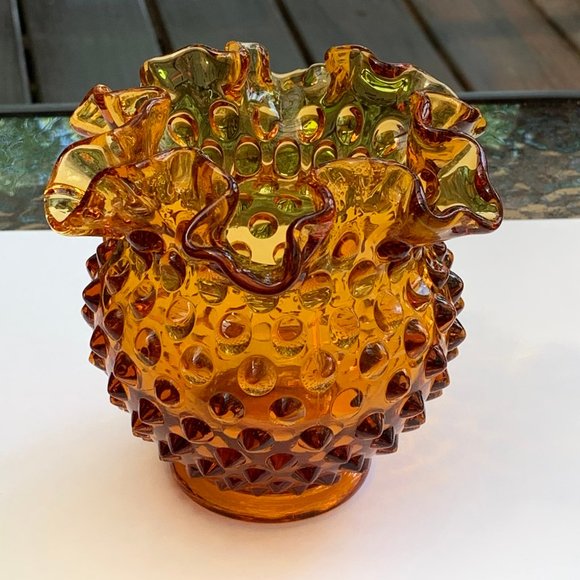 Vintage Fenton Amber Glass Footed Hobnail Vase with Ruffled Edge - Picture 2 of 12